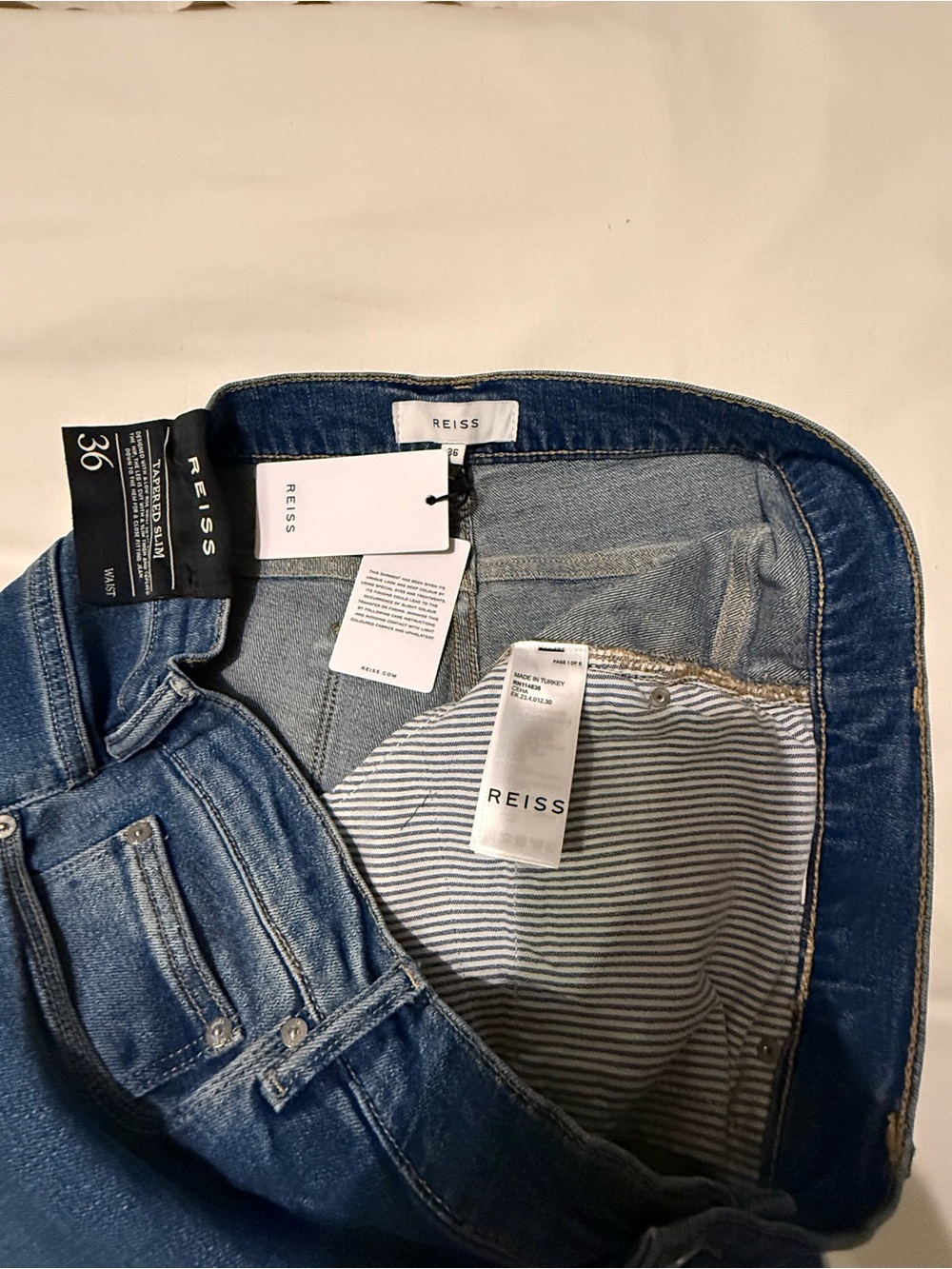 Reiss Men's Blue Slim Jeans with Striped Pocket Lining
